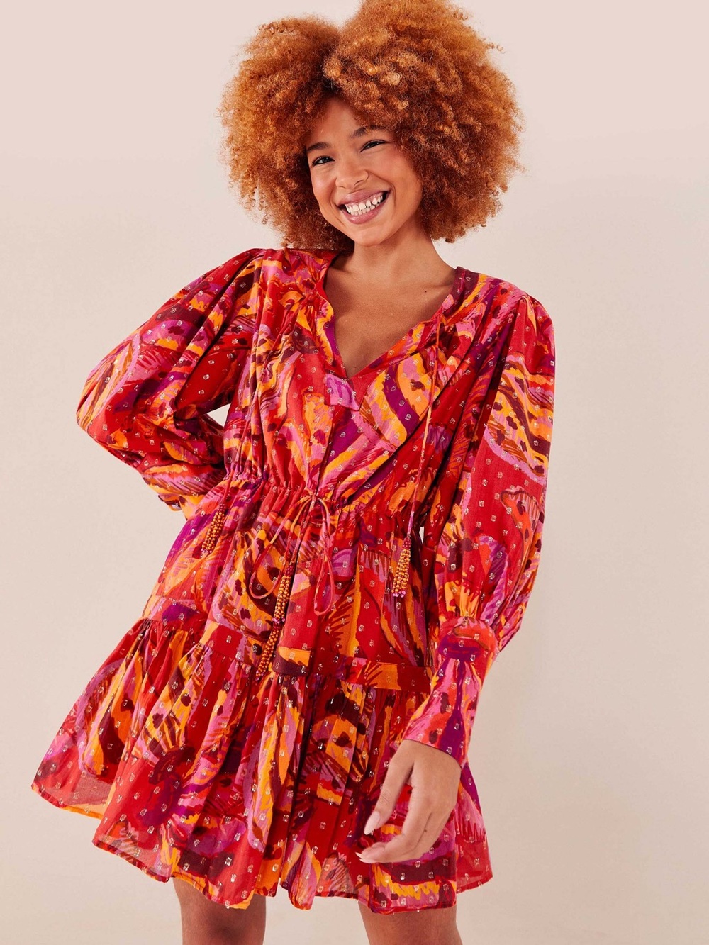 Farm Rio Banana Juice Print Cotton Red Orange Mini Dress, M